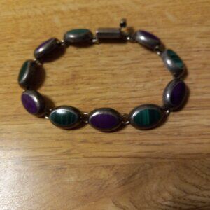 VINTAGE SIGN 925 MEXICO STERLING SILVER w MALACHITE STNES LINK BRACELT 33 GRAMS